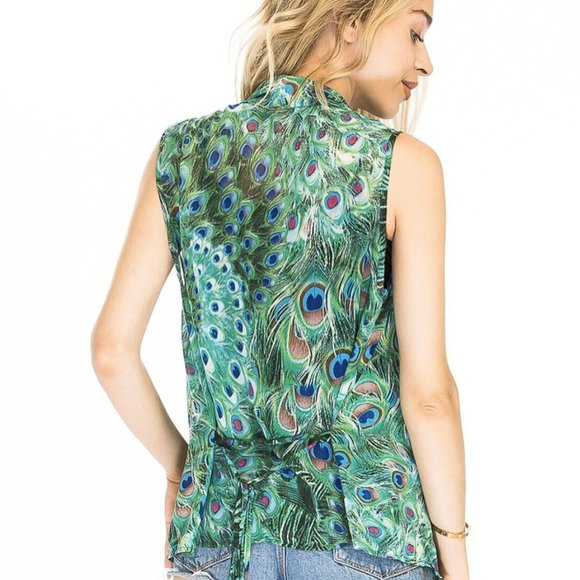 Women's fancy sleeveless Peacock Print Chiffon Fabric Bohemian Scarf Vest - Picture 2 of 5